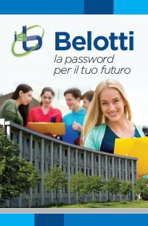 Copertina Brochure Istituto Belotti. Sono rappresntati 5 studenti con sullo sfondo l´edificio dell´istituto Bortolo Belotti